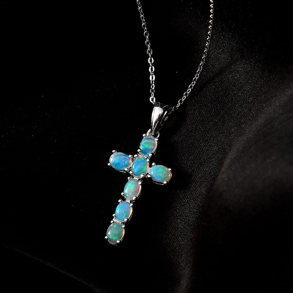 Ethiopian Welo Opal Cross Pendant with Chain (Size 20) in Platinum Overlay Sterling Silver