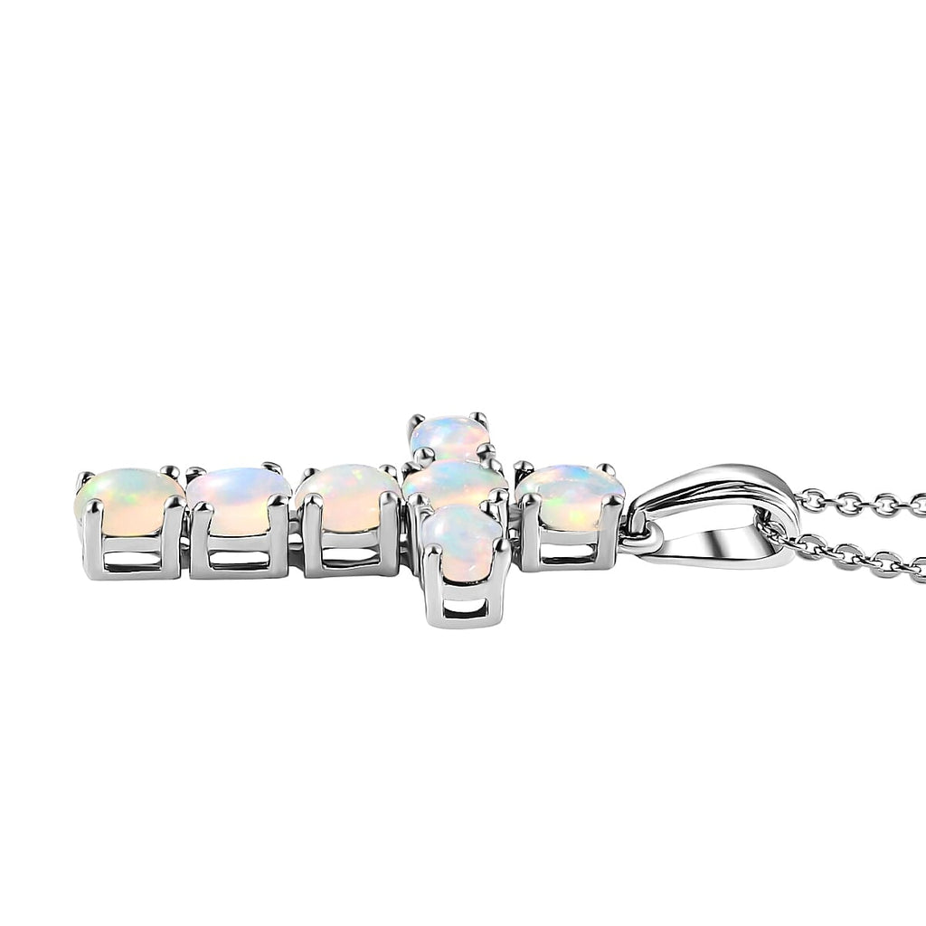 Ethiopian Welo Opal Cross Pendant with Chain (Size 20) in Platinum Overlay Sterling Silver