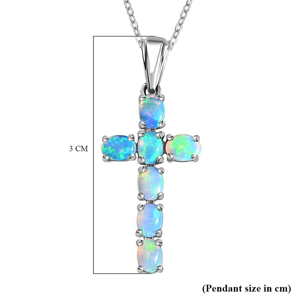 Ethiopian Welo Opal Cross Pendant with Chain (Size 20) in Platinum Overlay Sterling Silver