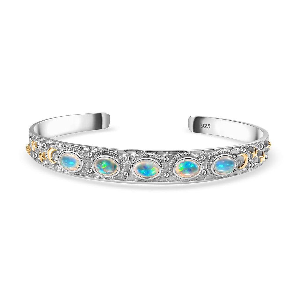 Ethiopian Opal Cuff Bangle in Rhodium Overlay Sterling Silver 2.74 Ct, Silver Wt. 22.21 Gms.
