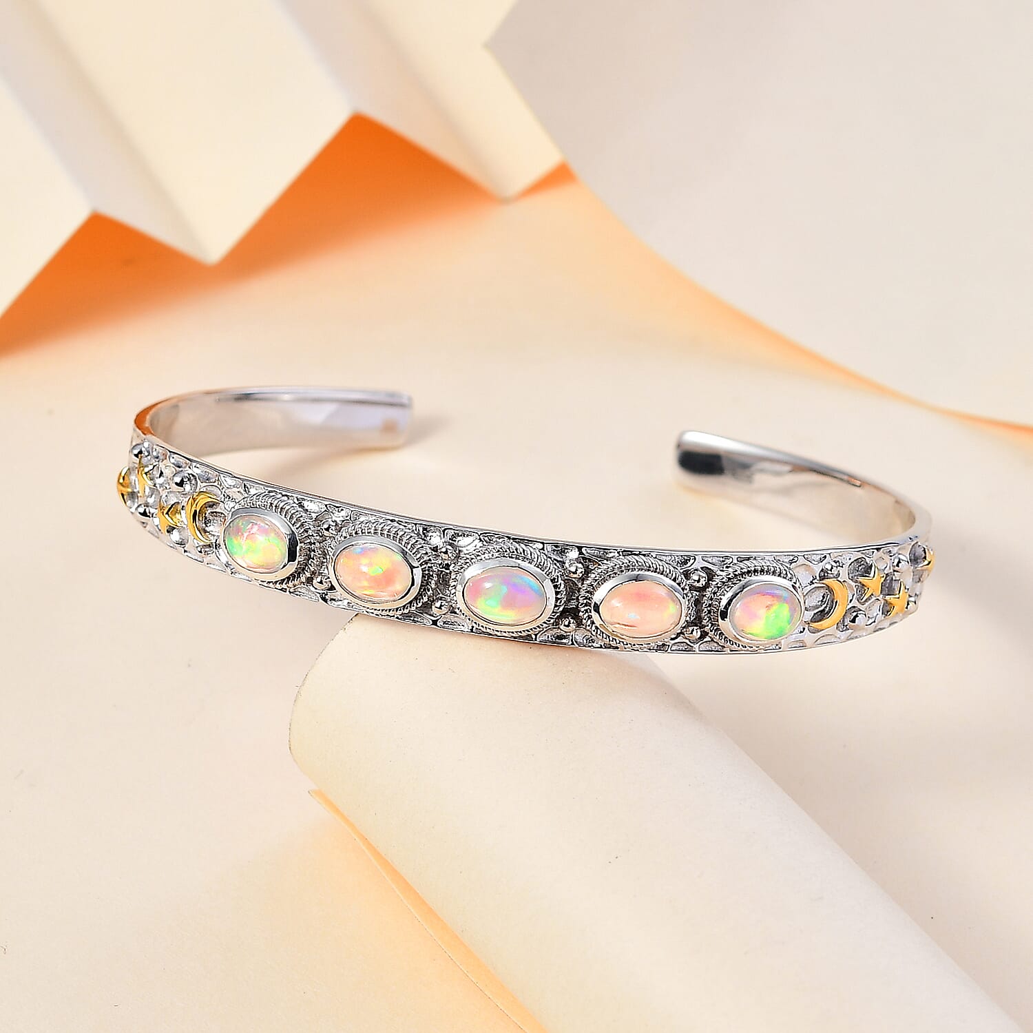 Ethiopian Opal Cuff Bangle in Rhodium Overlay Sterling Silver 2.74 Ct, Silver Wt. 22.21 Gms. 7796556 2