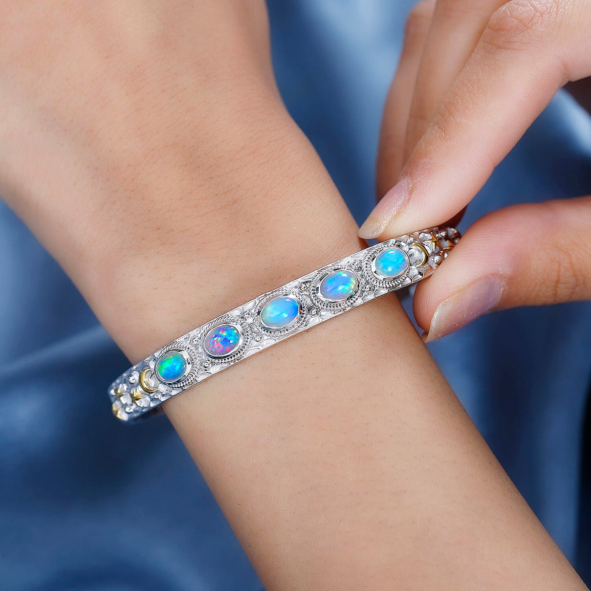 Ethiopian Opal Cuff Bangle in Rhodium Overlay Sterling Silver 2.74 Ct, Silver Wt. 22.21 Gms. 7796556 4
