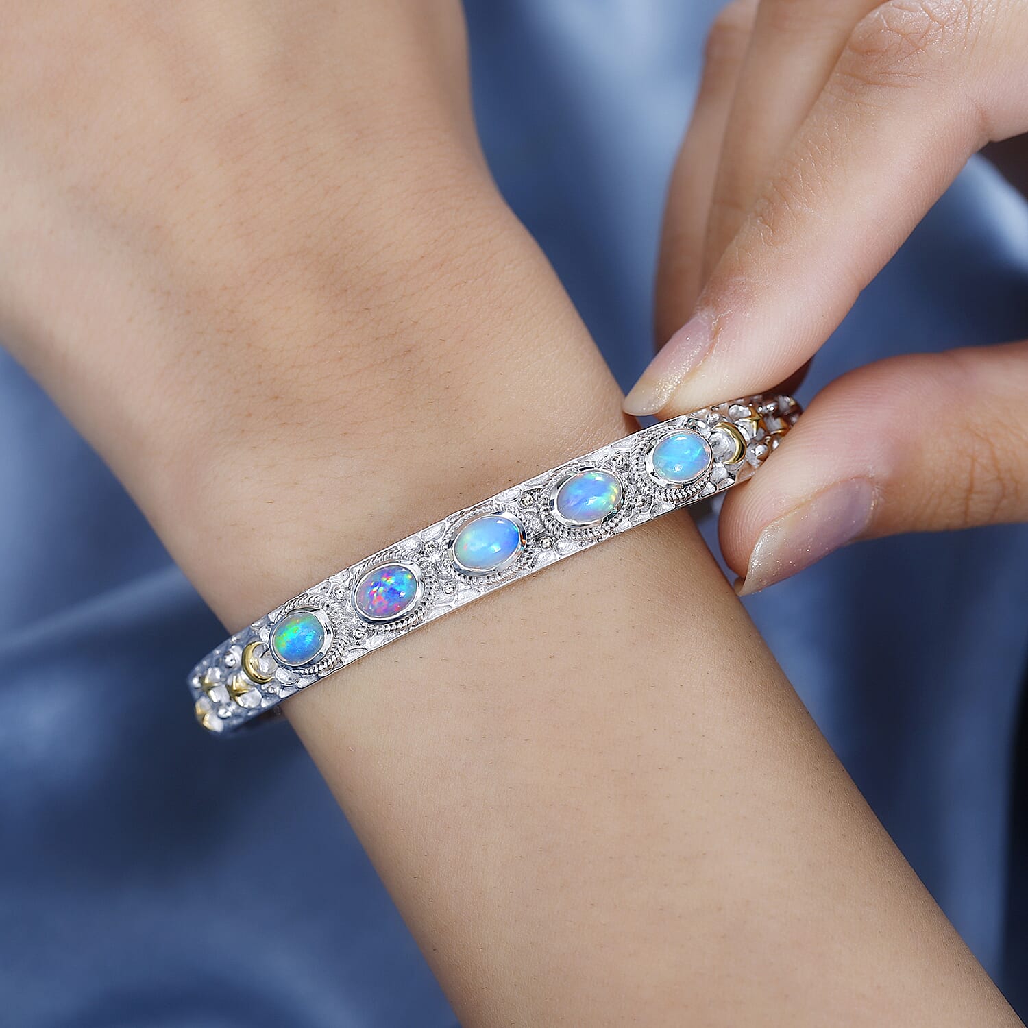 Ethiopian Opal Cuff Bangle in Rhodium Overlay Sterling Silver 2.74 Ct, Silver Wt. 22.21 Gms. 7796556 4