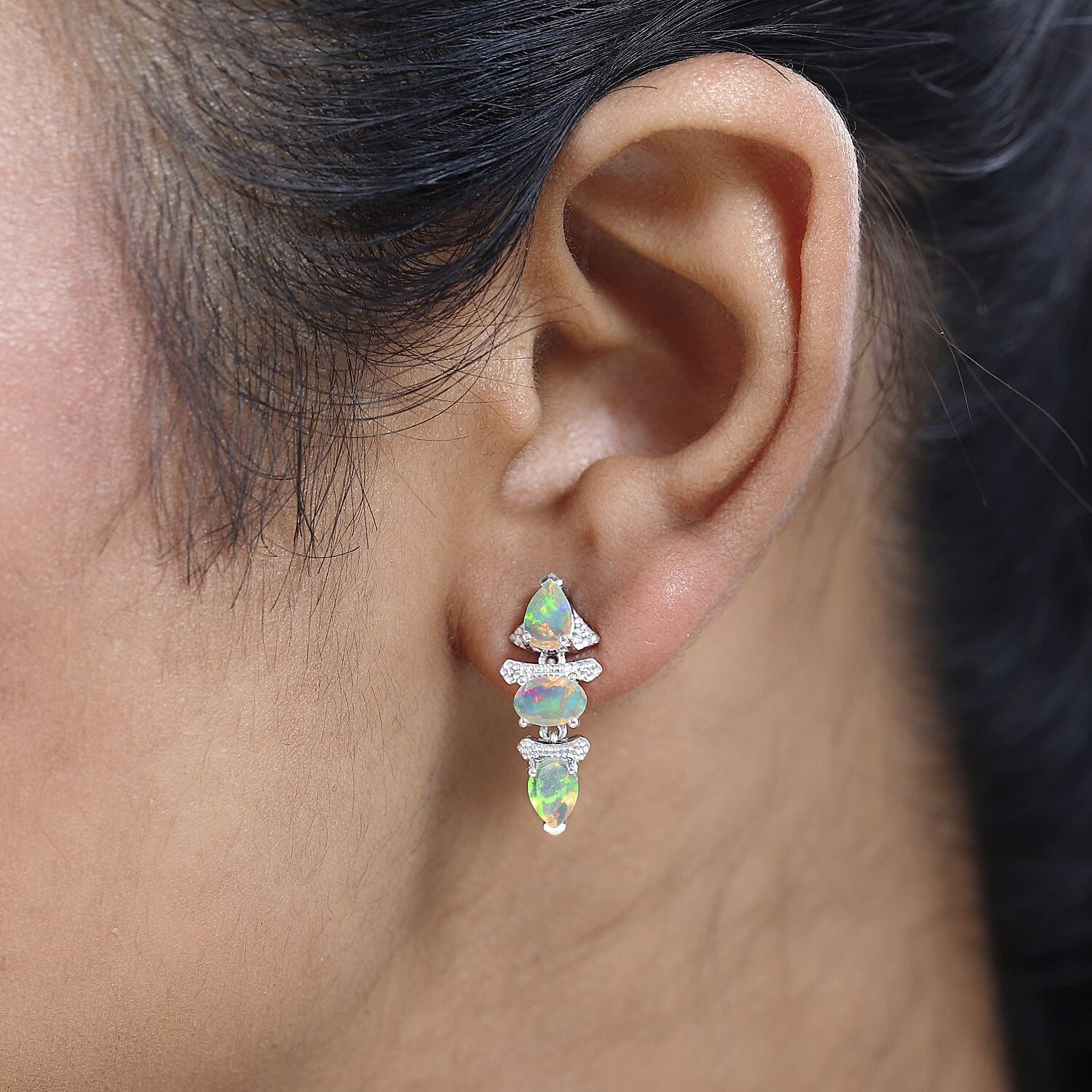 Ethiopian Welo Opal Dangle Earrings in Platinum Overlay Sterling Silver 2.10 Ct. 7722036 2