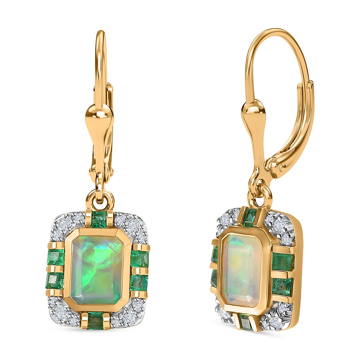 Ethiopian Welo Opal, Emerald &amp; Moissanite Earrings with Lever Back in 18K Vermeil Yellow Gold Plated Sterling Silver 1.88 Ct. 7742467 0