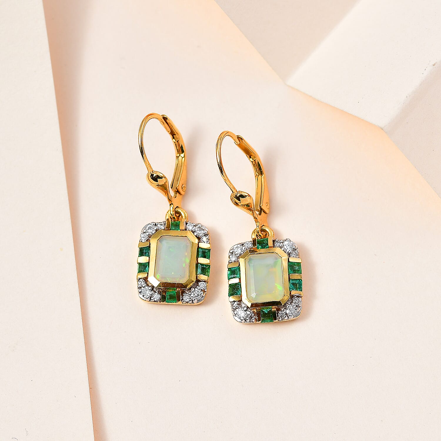Ethiopian Welo Opal, Emerald &amp; Moissanite Earrings with Lever Back in 18K Vermeil Yellow Gold Plated Sterling Silver 1.88 Ct. 7742467 2