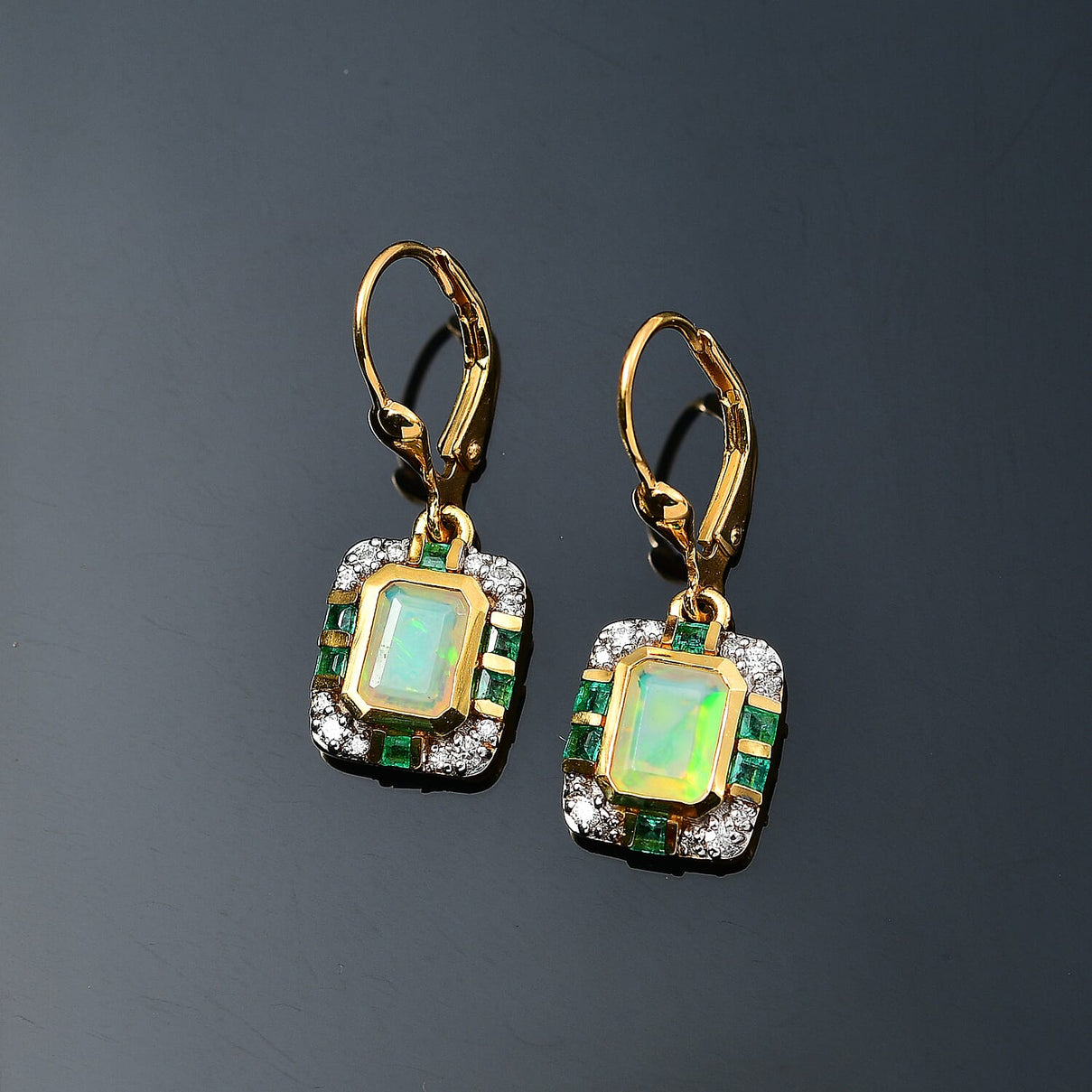 Ethiopian Welo Opal, Emerald &amp; Moissanite Earrings with Lever Back in 18K Vermeil Yellow Gold Plated Sterling Silver 1.88 Ct. 7742467 3