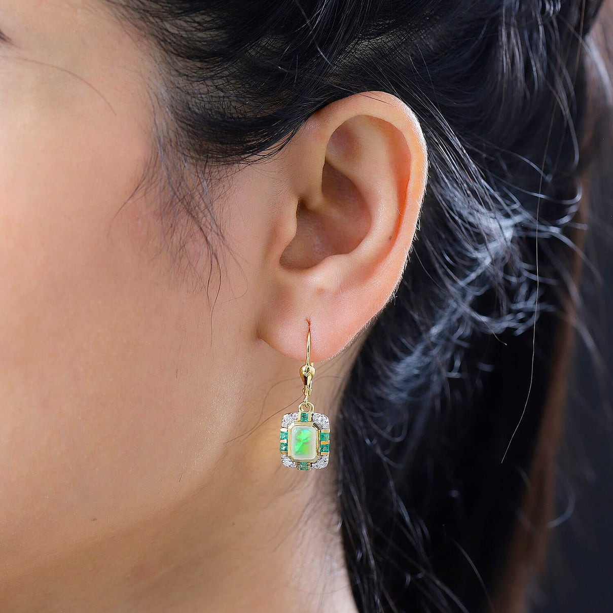 Ethiopian Welo Opal, Emerald &amp; Moissanite Earrings with Lever Back in 18K Vermeil Yellow Gold Plated Sterling Silver 1.88 Ct. 7742467 4