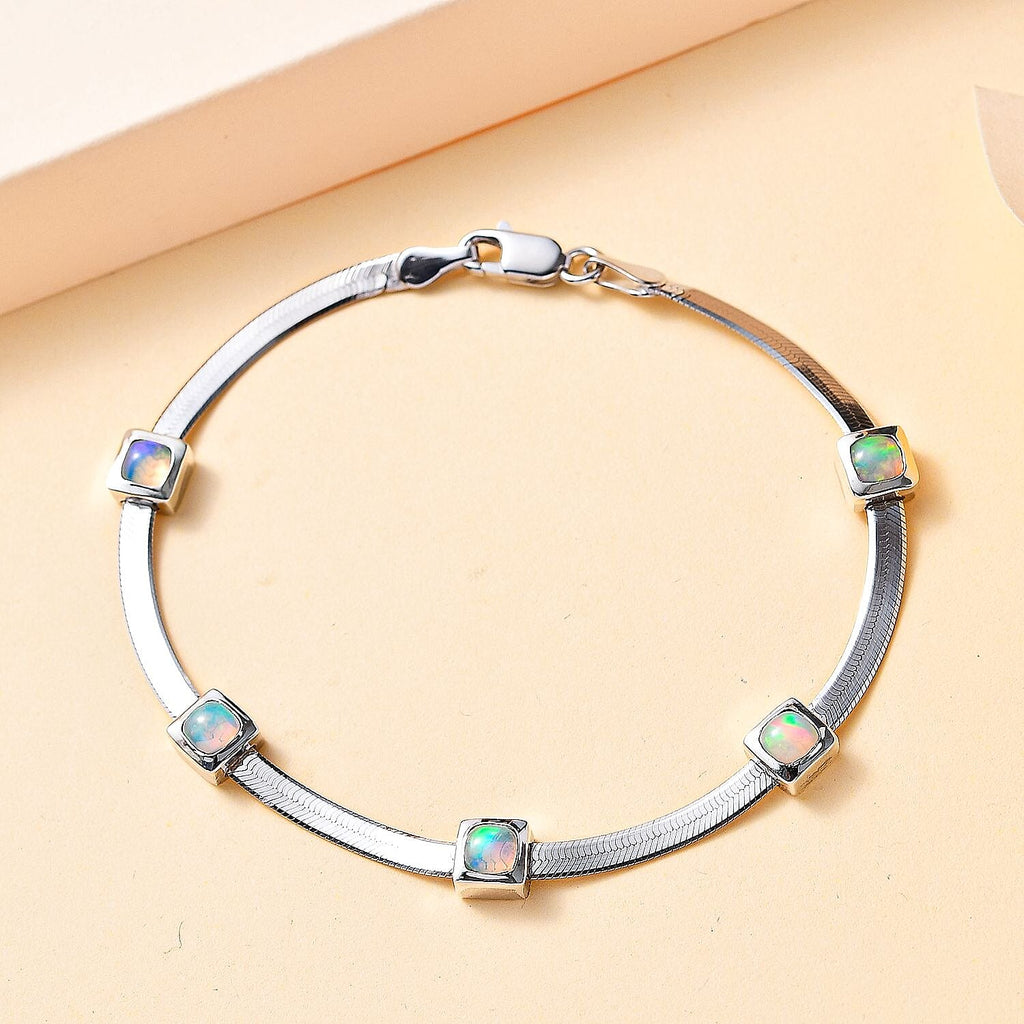 Ethiopian Welo Opal Herringbone Bracelet (Size - 7) in Platinum Overlay Sterling Silver 1.30 Ct
