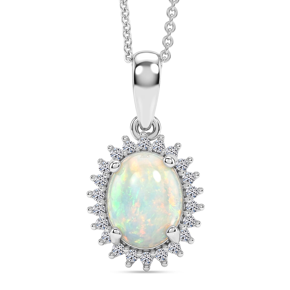 Luxuriant - Ethiopian Opal &amp; SI-G-H Lab Grown Diamond Halo Pendant with Chain (Size 20) in Platinum Overlay Sterling Silver 1.50 Ct. V32515226 0