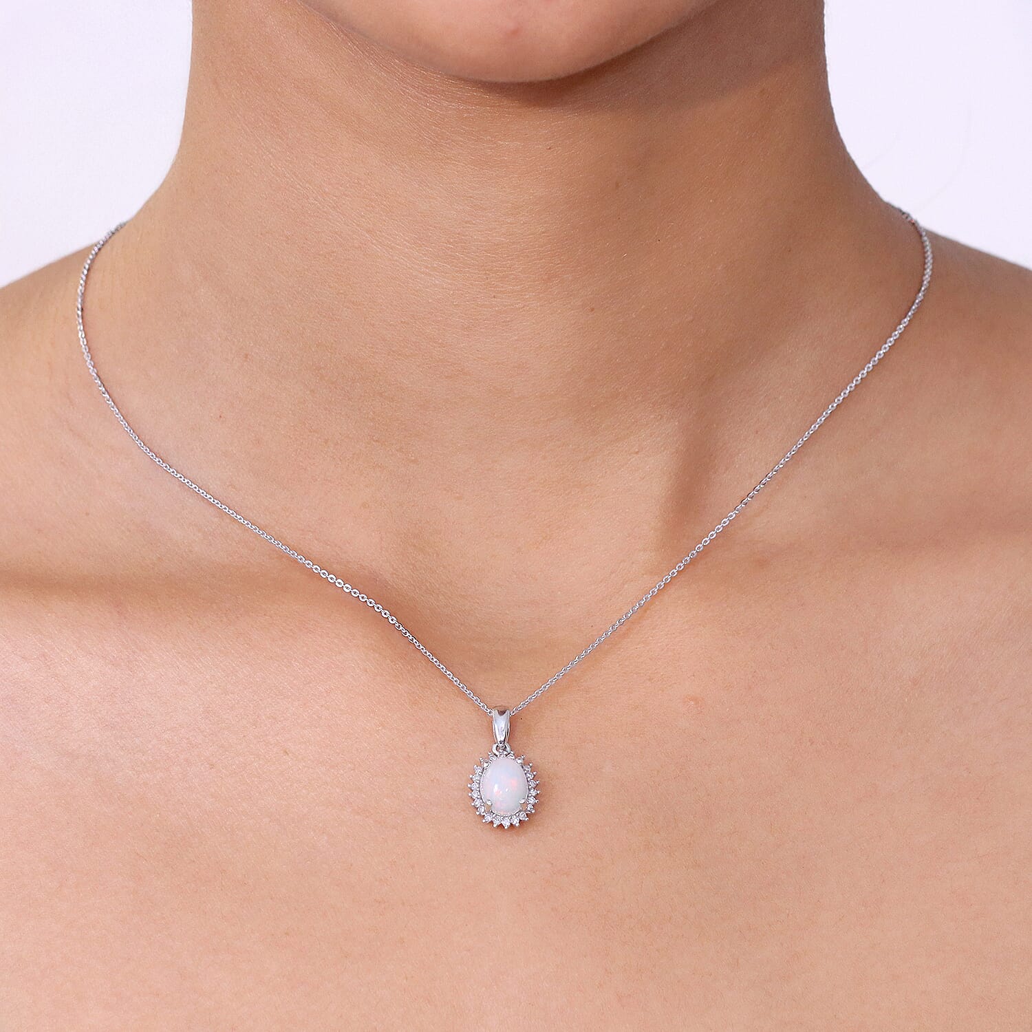 Luxuriant - Ethiopian Opal &amp; SI-G-H Lab Grown Diamond Halo Pendant with Chain (Size 20) in Platinum Overlay Sterling Silver 1.50 Ct. V32515226 2