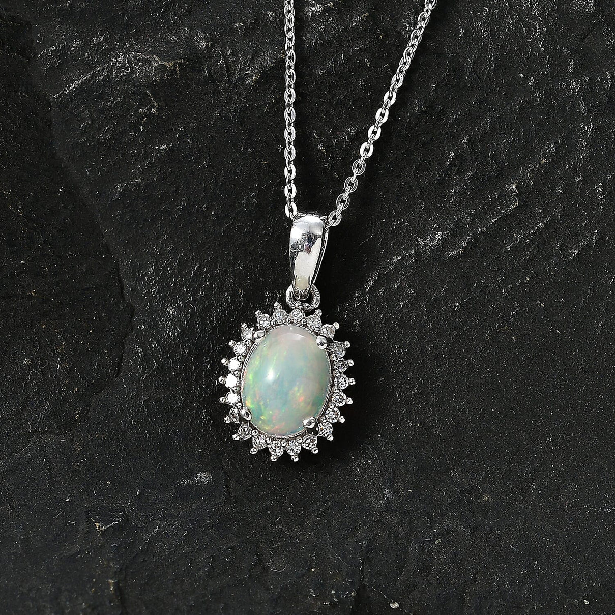 Luxuriant - Ethiopian Opal &amp; SI-G-H Lab Grown Diamond Halo Pendant with Chain (Size 20) in Platinum Overlay Sterling Silver 1.50 Ct. V32515226 3
