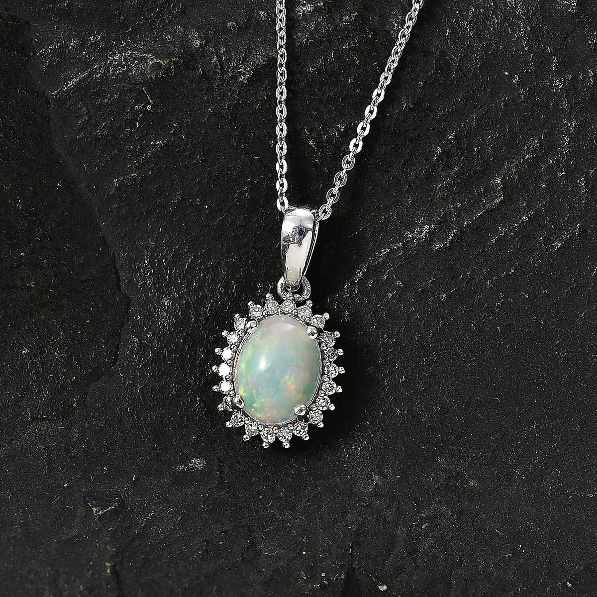Luxuriant - Ethiopian Opal &amp; SI-G-H Lab Grown Diamond Halo Pendant with Chain (Size 20) in Platinum Overlay Sterling Silver 1.50 Ct. V32515226 3