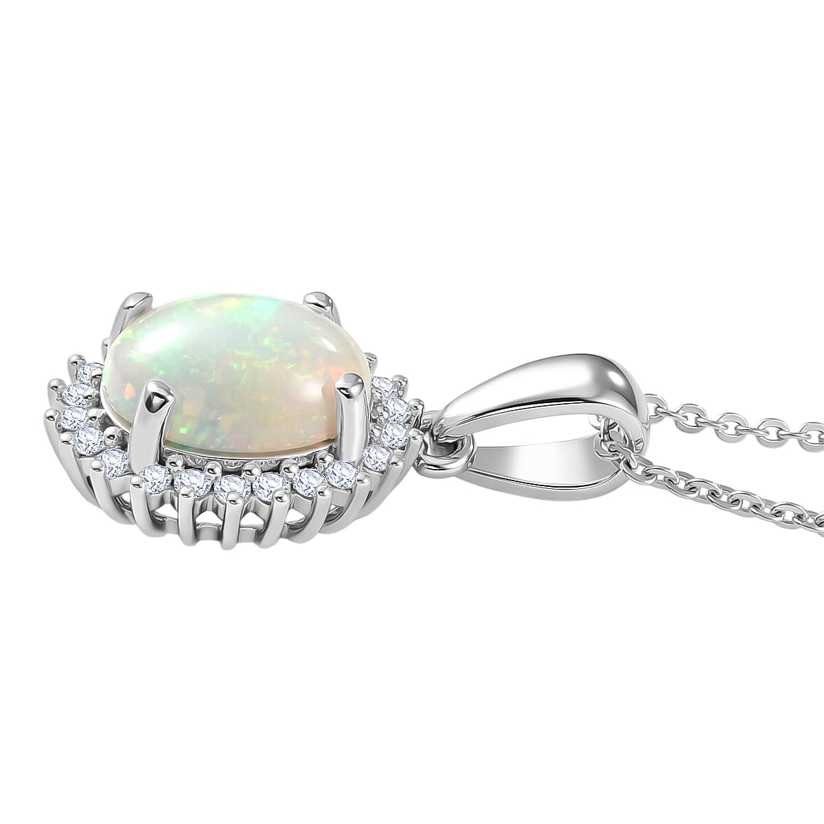 Luxuriant - Ethiopian Opal &amp; SI-G-H Lab Grown Diamond Halo Pendant with Chain (Size 20) in Platinum Overlay Sterling Silver 1.50 Ct. V32515226 4