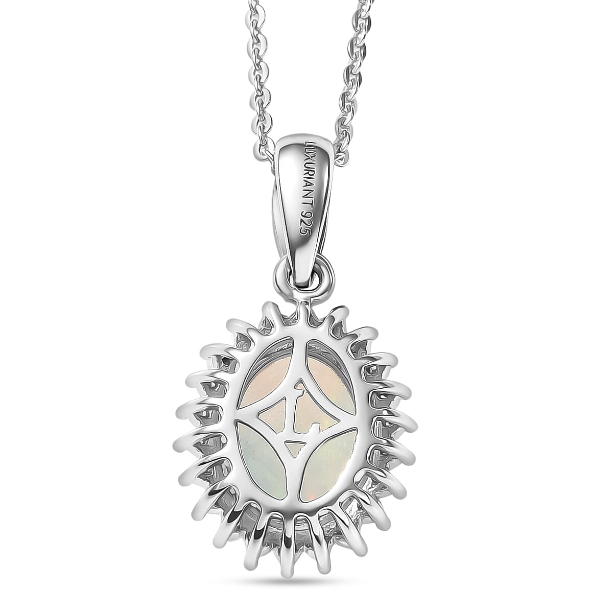 Luxuriant - Ethiopian Opal &amp; SI-G-H Lab Grown Diamond Halo Pendant with Chain (Size 20) in Platinum Overlay Sterling Silver 1.50 Ct. V32515226 5