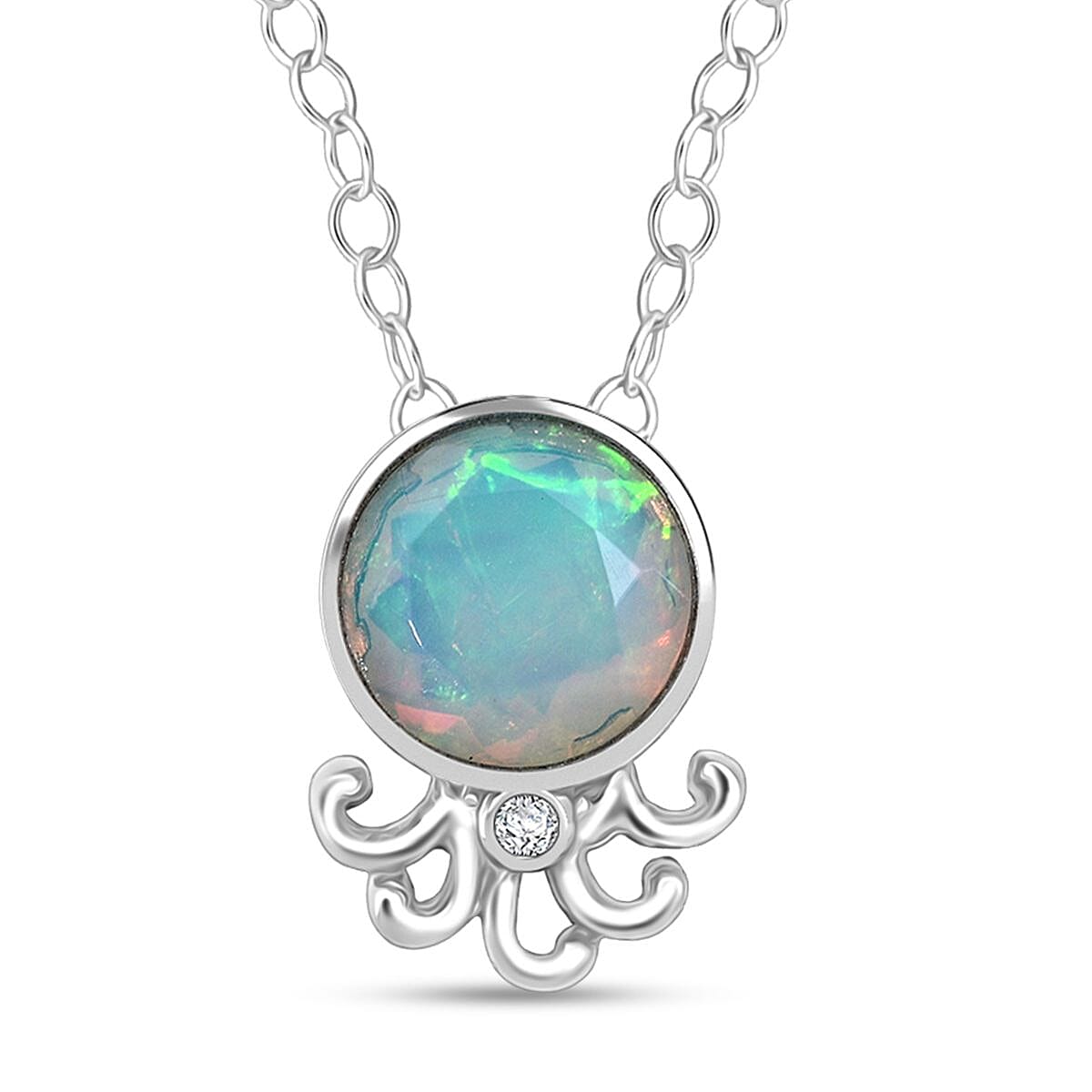 D'joy Ethiopian Opal &amp; Moissanite Pendant with Chain (Size 20) in Rhodium Overlay Sterling Silver 4426306 0