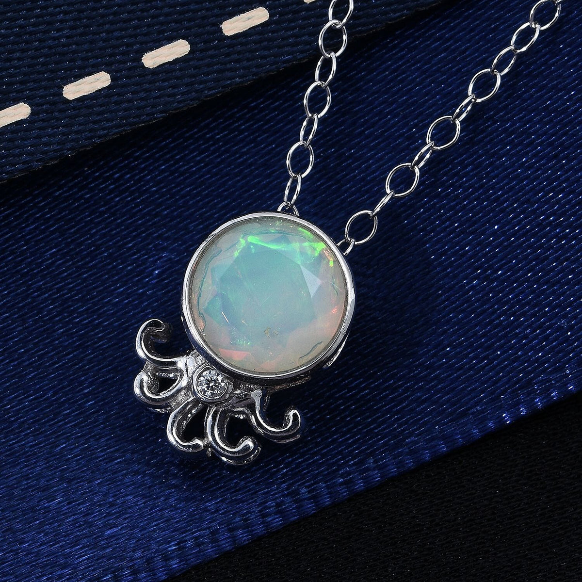 D'joy Ethiopian Opal &amp; Moissanite Pendant with Chain (Size 20) in Rhodium Overlay Sterling Silver 4426306 1