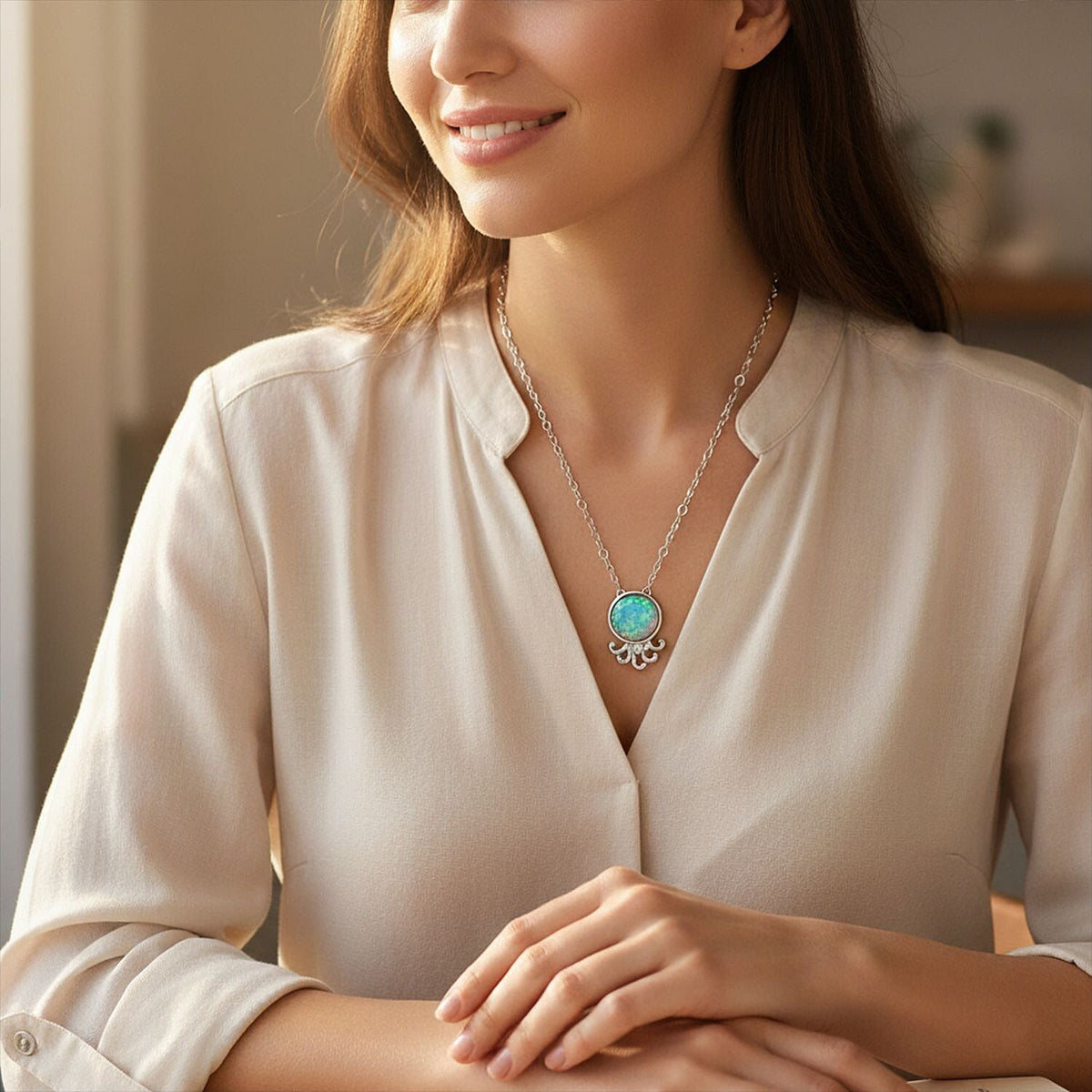 D'joy Ethiopian Opal &amp; Moissanite Pendant with Chain (Size 20) in Rhodium Overlay Sterling Silver 4426306 2