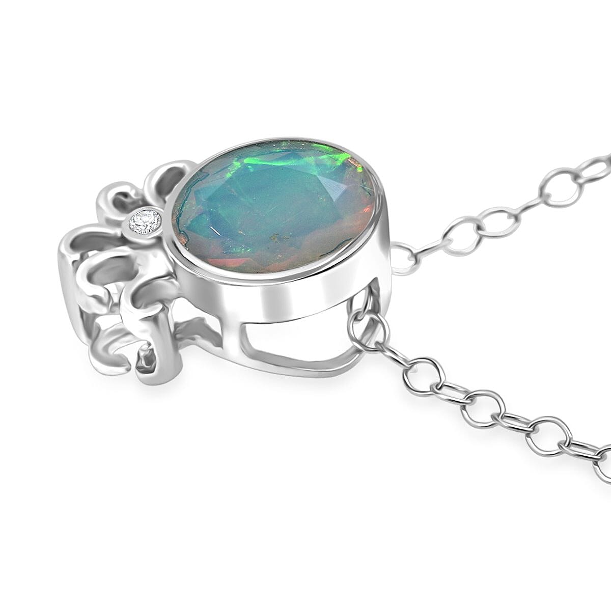D'joy Ethiopian Opal &amp; Moissanite Pendant with Chain (Size 20) in Rhodium Overlay Sterling Silver 4426306 3