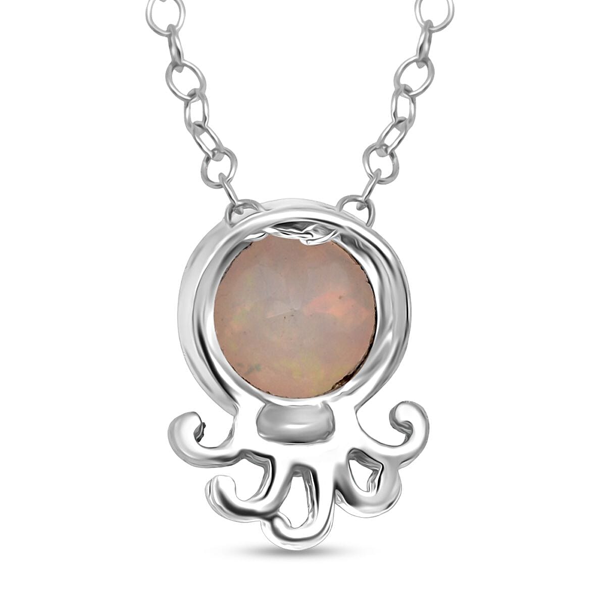 D'joy Ethiopian Opal &amp; Moissanite Pendant with Chain (Size 20) in Rhodium Overlay Sterling Silver 4426306 4