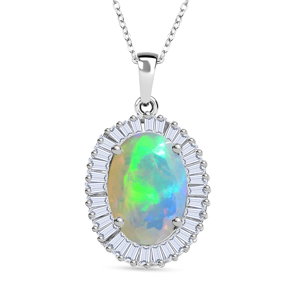 D'Joy Ethiopian Opal & Moissanite Pendant with Chain (Size 20) in Rhodium Overlay Sterling Silver 4.56 Ct, Silver Wt. 5.13 Gms.