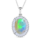 D'Joy Ethiopian Opal & Moissanite Pendant with Chain (Size 20) in Rhodium Overlay Sterling Silver 4.56 Ct, Silver Wt. 5.13 Gms.