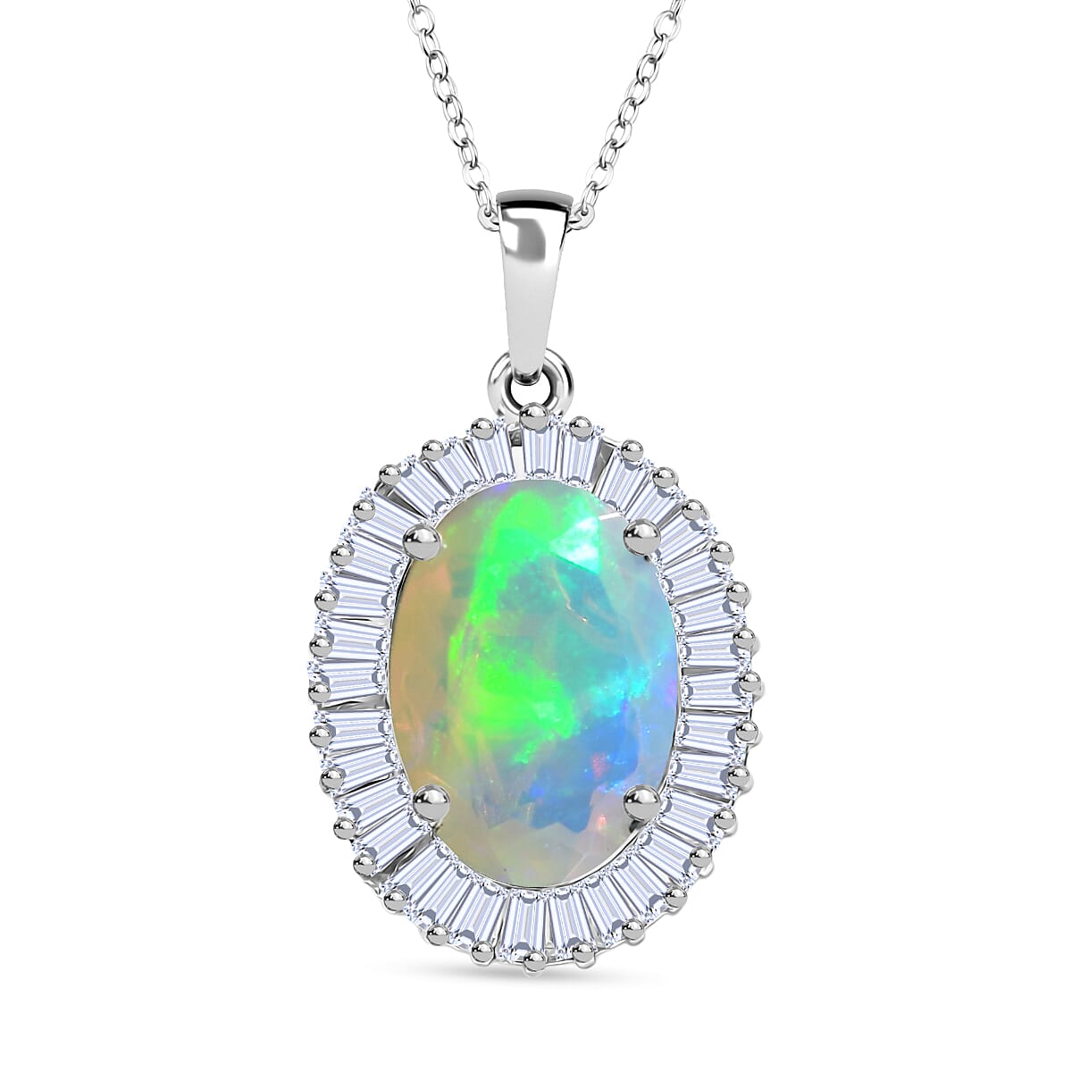 D'Joy 3.75 Ct. Ethiopian Opal, Moissanite Halo Pendant with Chain (Size 20) in Rhodium Overlay Sterling Silver 4433833 0
