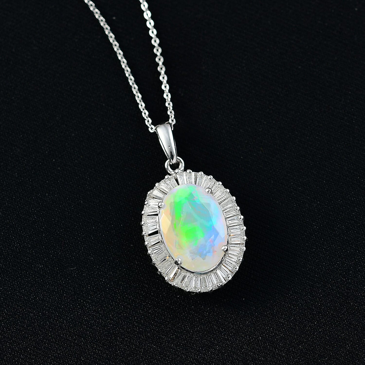 D'Joy 3.75 Ct. Ethiopian Opal, Moissanite Halo Pendant with Chain (Size 20) in Rhodium Overlay Sterling Silver 4433833 2