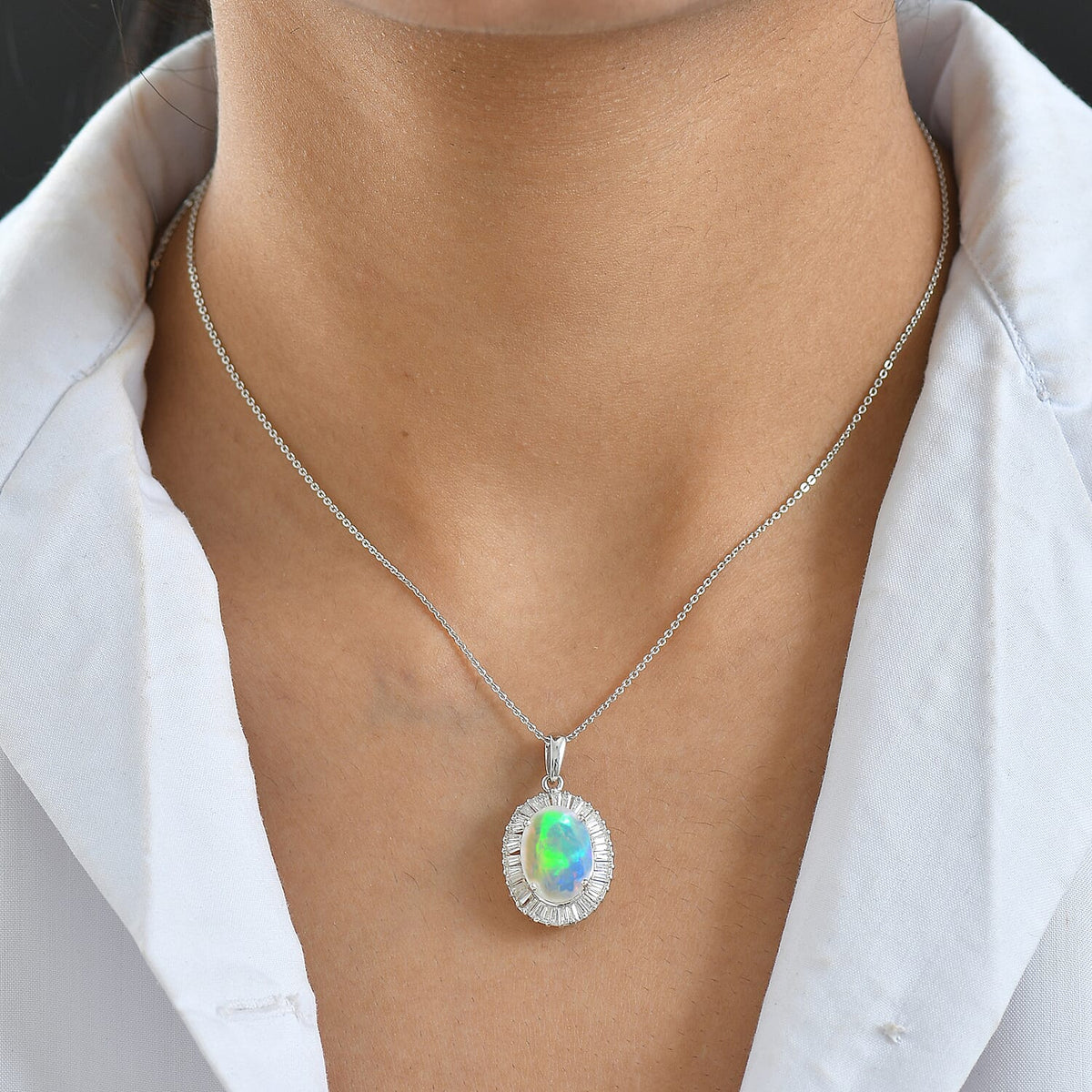 D'Joy 3.75 Ct. Ethiopian Opal, Moissanite Halo Pendant with Chain (Size 20) in Rhodium Overlay Sterling Silver 4433833 3