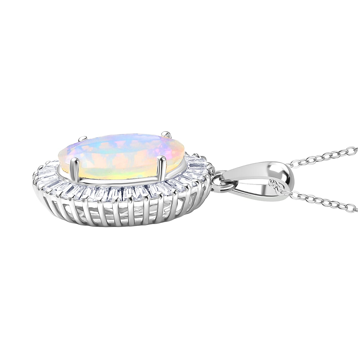 D'Joy 3.75 Ct. Ethiopian Opal, Moissanite Halo Pendant with Chain (Size 20) in Rhodium Overlay Sterling Silver 4433833 4