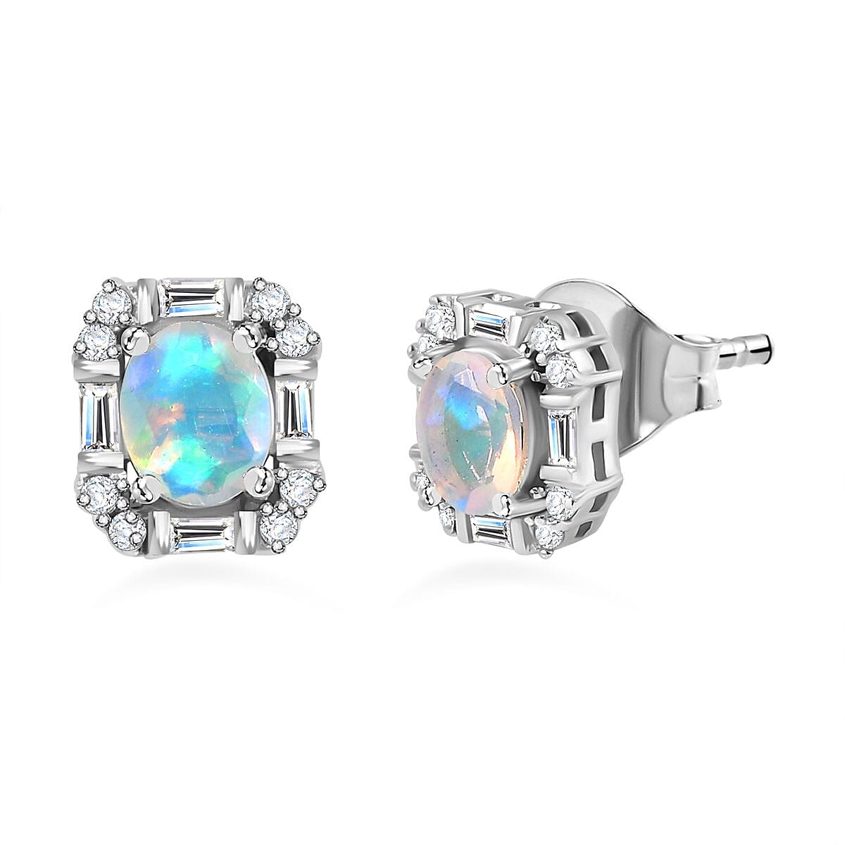 Ethiopian Welo Opal and Moissanite Solitaire Stud Earrings in Platinum Overlay Sterling Silver 7773994 0
