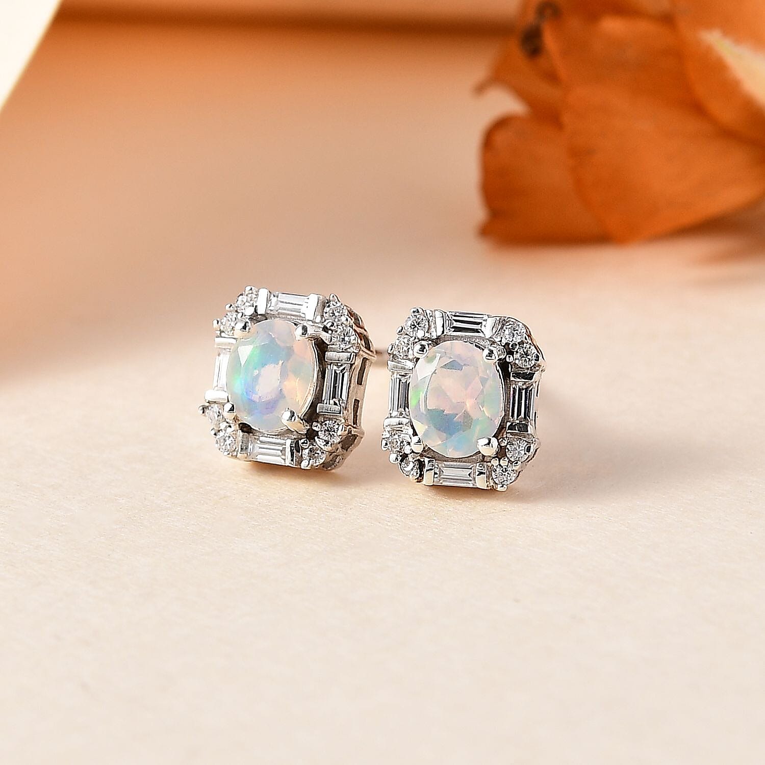 Ethiopian Welo Opal and Moissanite Solitaire Stud Earrings in Platinum Overlay Sterling Silver 7773994 2