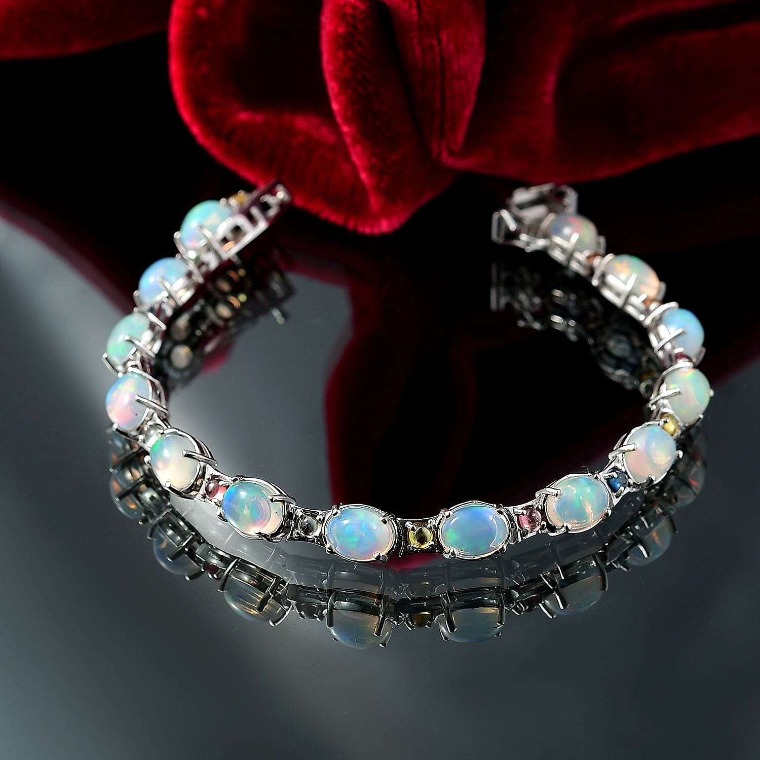 AAA Ethiopian Opal and  Multi Sapphire Bracelet (Size - 7)  in  Sterling Silver 12.94 Ct, 8191387 2