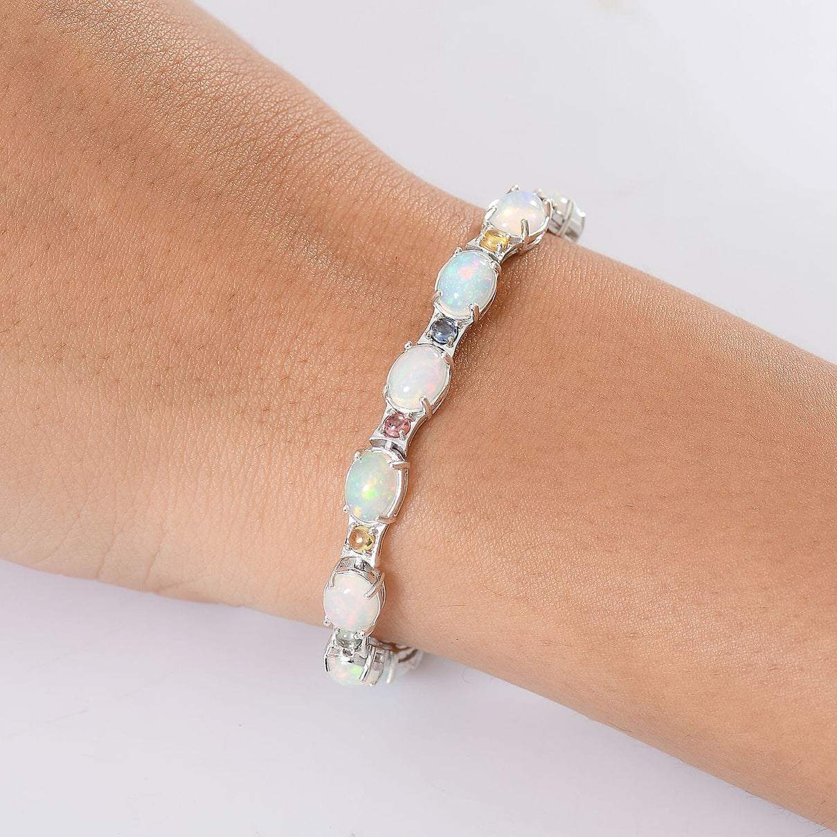 AAA Ethiopian Opal and  Multi Sapphire Bracelet (Size - 7)  in  Sterling Silver 12.94 Ct, 8191387 3