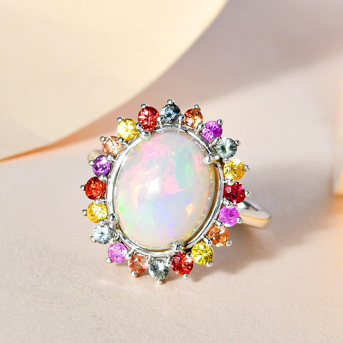 Ethiopian Welo Opal and Multi Sapphire Ring in Platinum Overlay Sterling Silver 4.10 Ct. 7508673 1