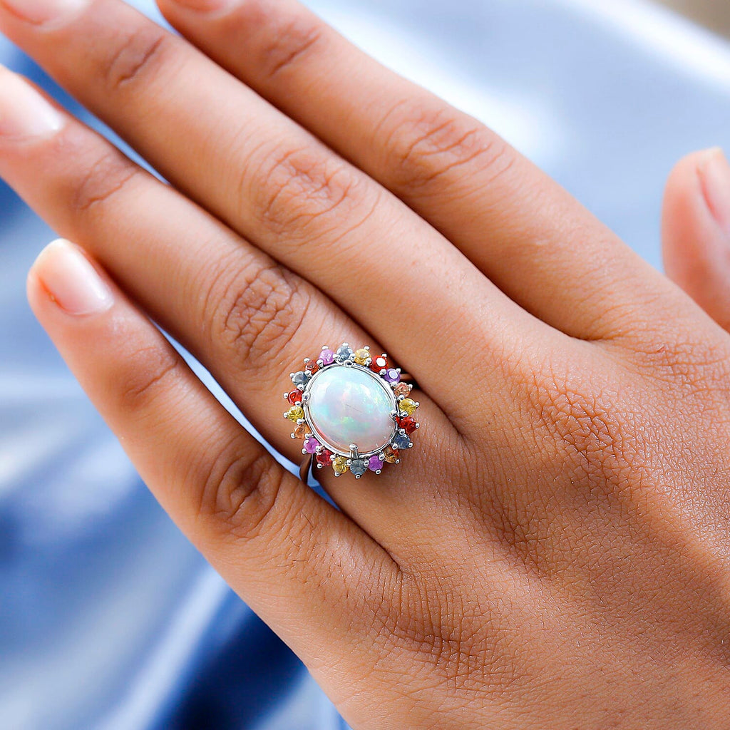 Ethiopian Welo Opal and Multi Sapphire Ring in Platinum Overlay Sterling Silver 4.10 Ct.