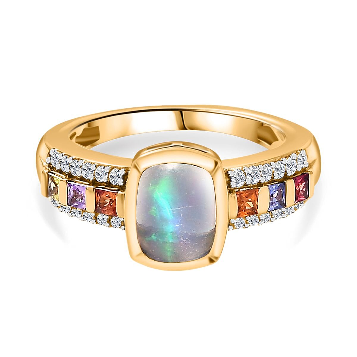 Ethiopian Opal, Multi Sapphire, White Zircon Ring in 18K Yellow Gold Vermeil Plated Sterling Silver 7814947 0