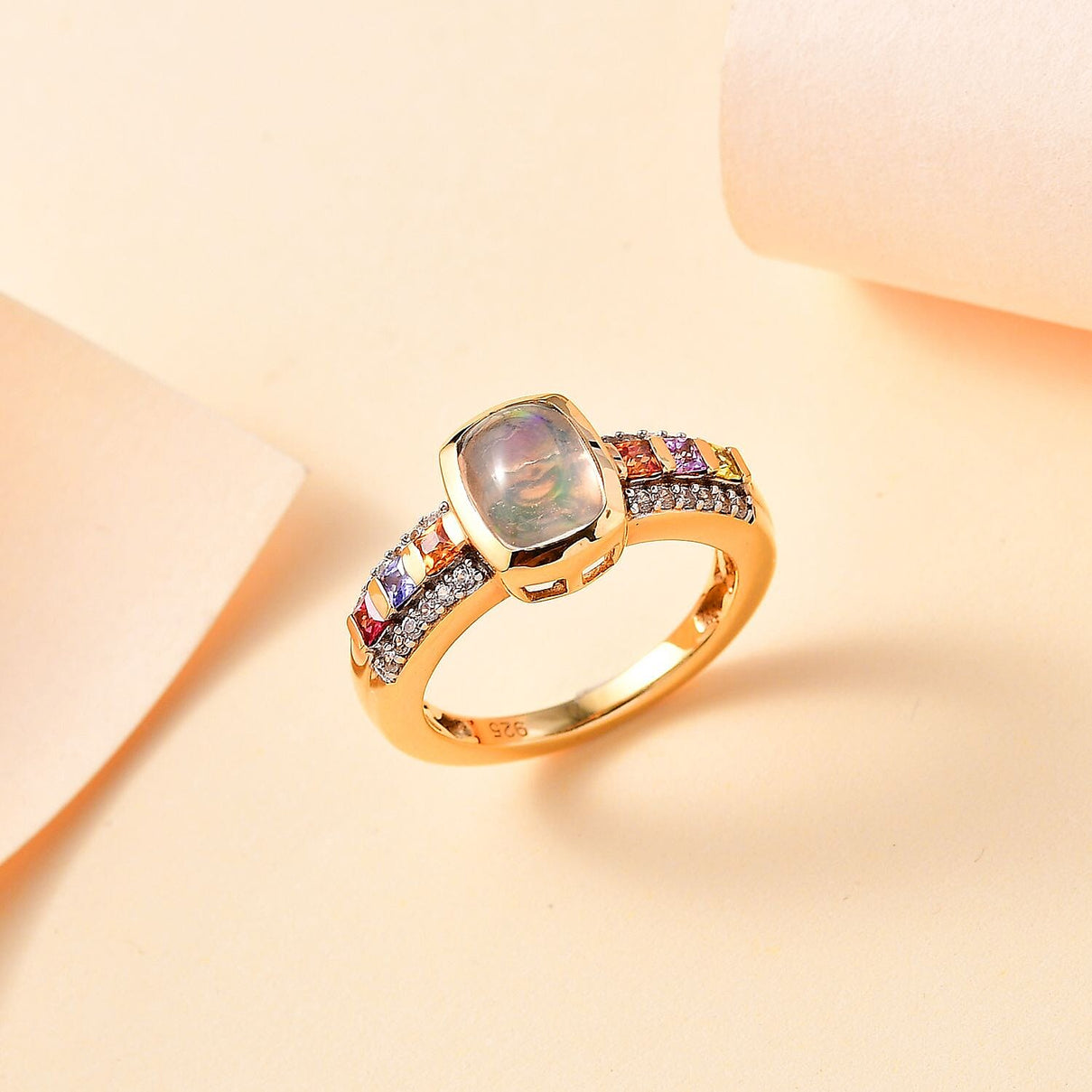 Ethiopian Opal, Multi Sapphire, White Zircon Ring in 18K Yellow Gold Vermeil Plated Sterling Silver 7814947 1