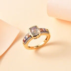Ethiopian Opal ,  Multi Sapphire ,  White Zircon  Main Stone With Side Stone Ring in 18K YG Vermeil Sterling Silver 1.70 ct  1.664  Ct.