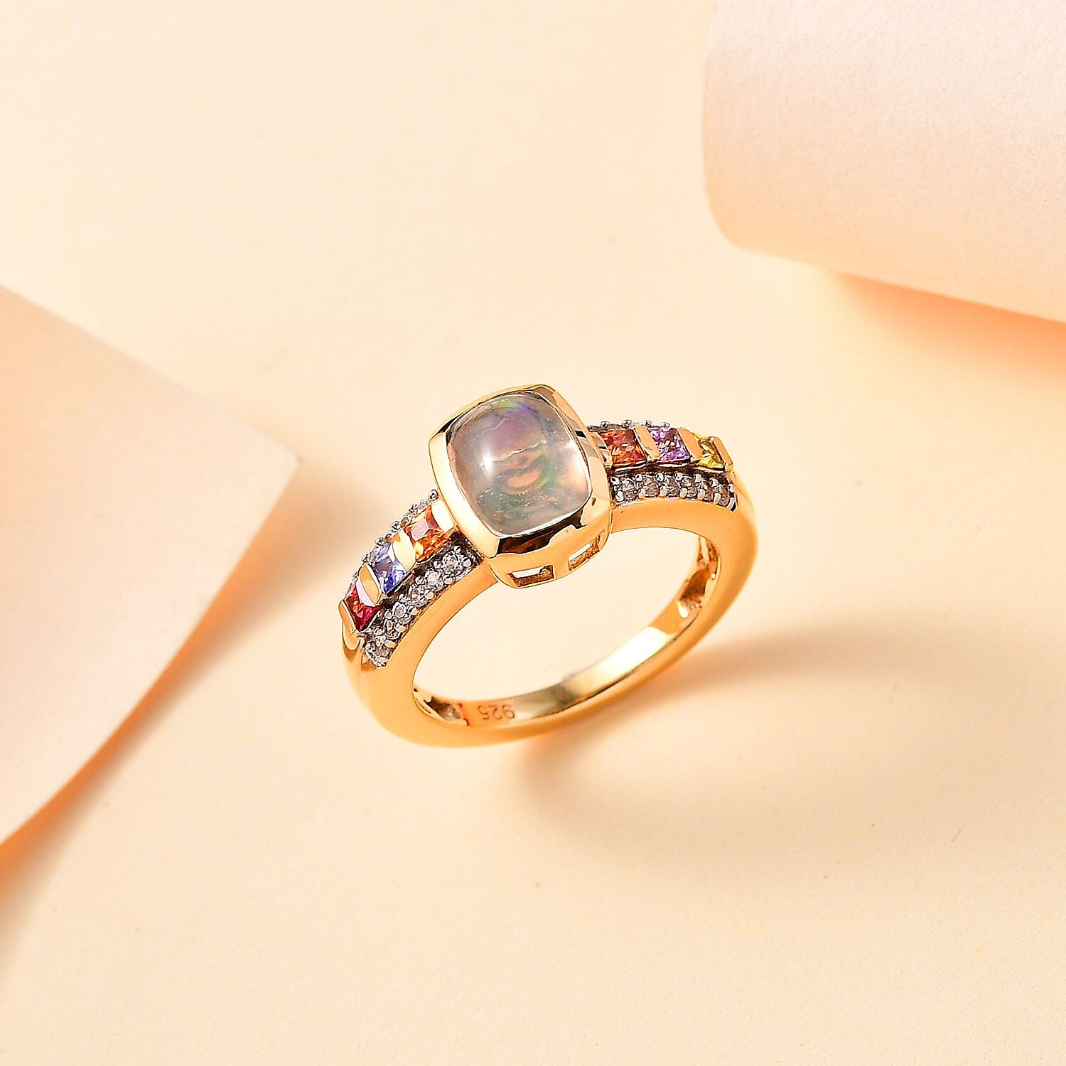 Ethiopian Opal, Multi Sapphire, White Zircon Ring in 18K Yellow Gold Vermeil Plated Sterling Silver 7814947 1