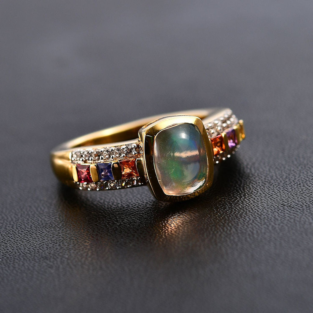 Ethiopian Opal ,  Multi Sapphire ,  White Zircon  Main Stone With Side Stone Ring in 18K YG Vermeil Sterling Silver 1.70 ct  1.664  Ct.