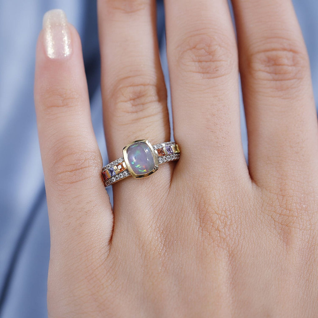 Ethiopian Opal ,  Multi Sapphire ,  White Zircon  Main Stone With Side Stone Ring in 18K YG Vermeil Sterling Silver 1.70 ct  1.664  Ct.