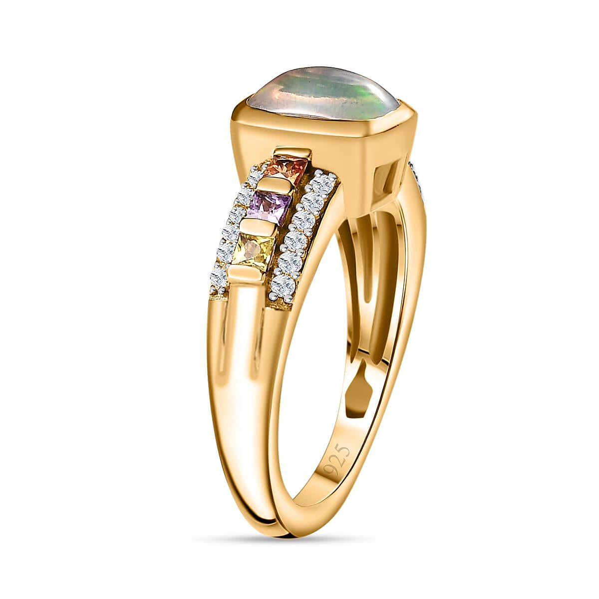 Ethiopian Opal, Multi Sapphire, White Zircon Ring in 18K Yellow Gold Vermeil Plated Sterling Silver 7814947 4