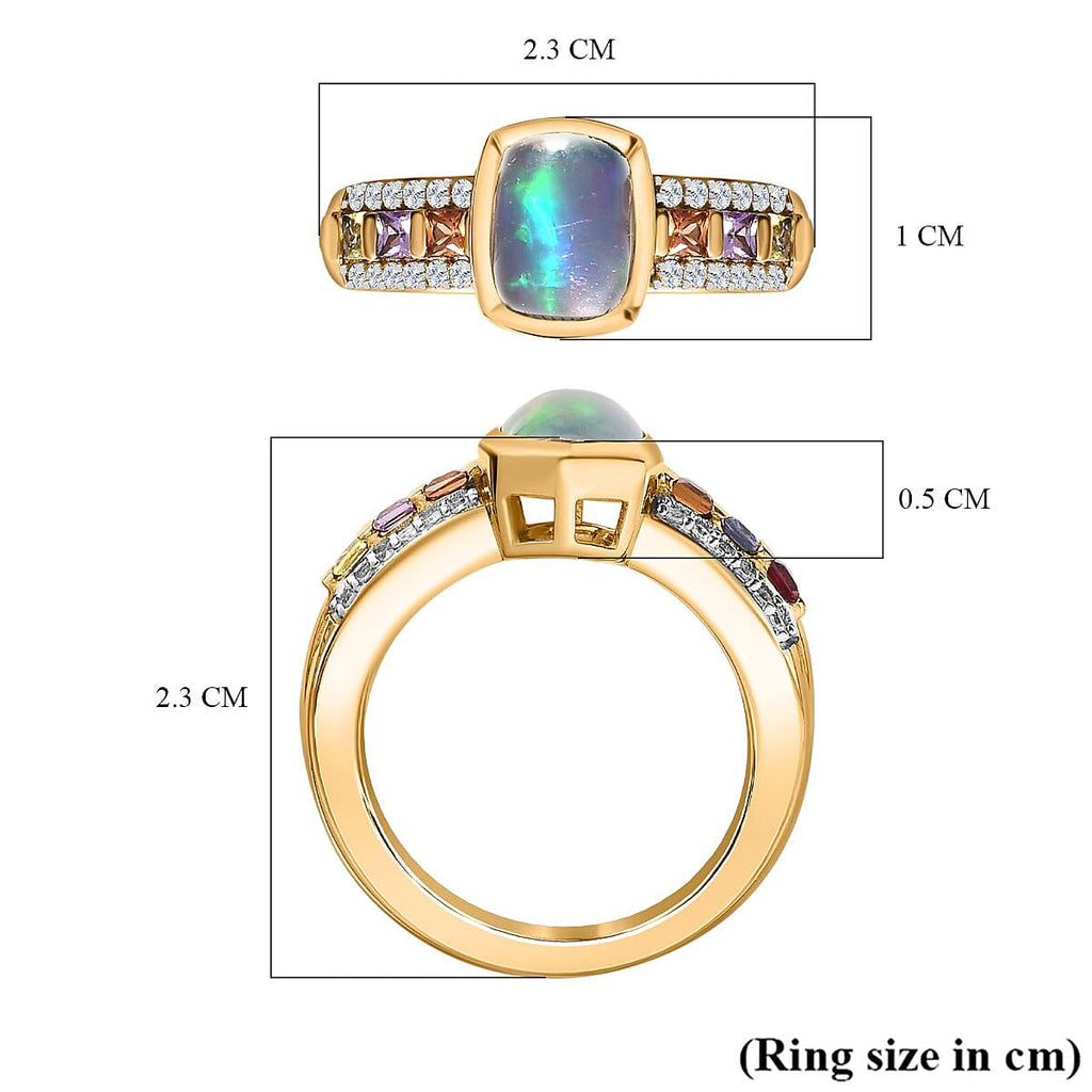 Ethiopian Opal ,  Multi Sapphire ,  White Zircon  Main Stone With Side Stone Ring in 18K YG Vermeil Sterling Silver 1.70 ct  1.664  Ct.