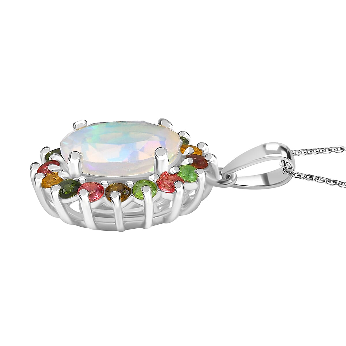 Ethiopian Opal &amp; Multi-Tourmaline Pendant with Chain (Size 20) in Rhodium Overlay Sterling Silver 2.24 Ct. 4368832 4