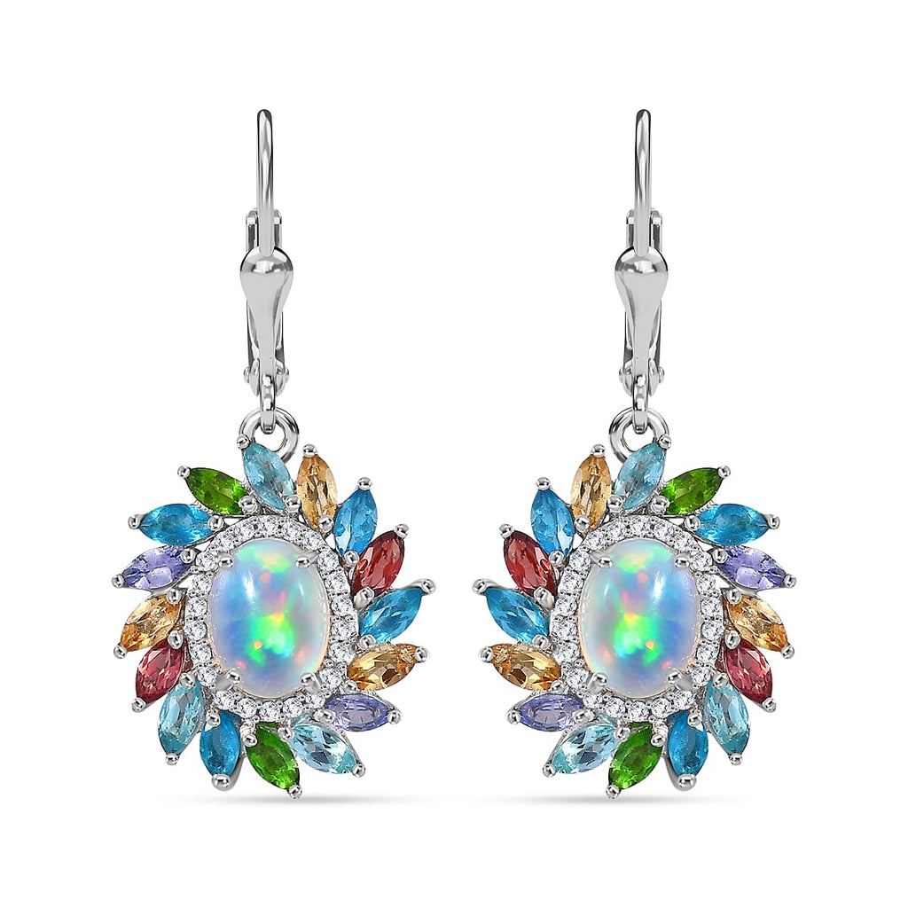 Ethiopian Welo Opal, Multi gemstones Cluster Earring in Platinum Overlay Sterling Silver 5.36 Ct