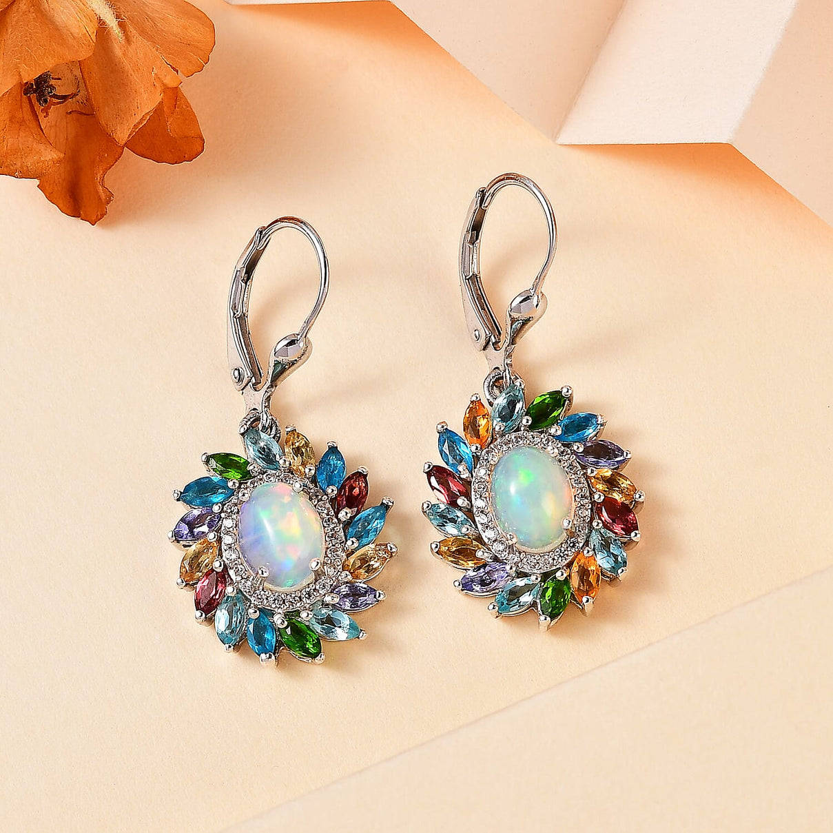 Ethiopian Opal, Multi Gemstones Halo Earrings in Platinum Overlay Sterling Silver 5.36 ct  4.662  Ct. 7761755 2