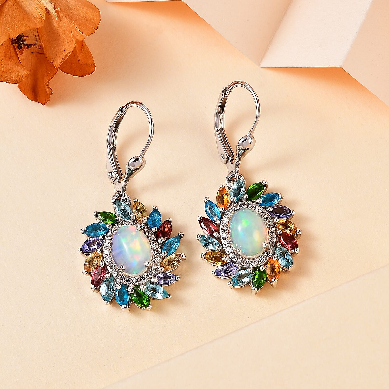 Ethiopian Opal, Multi Gemstones Halo Earrings in Platinum Overlay Sterling Silver 5.36 ct  4.662  Ct. 7761755 2