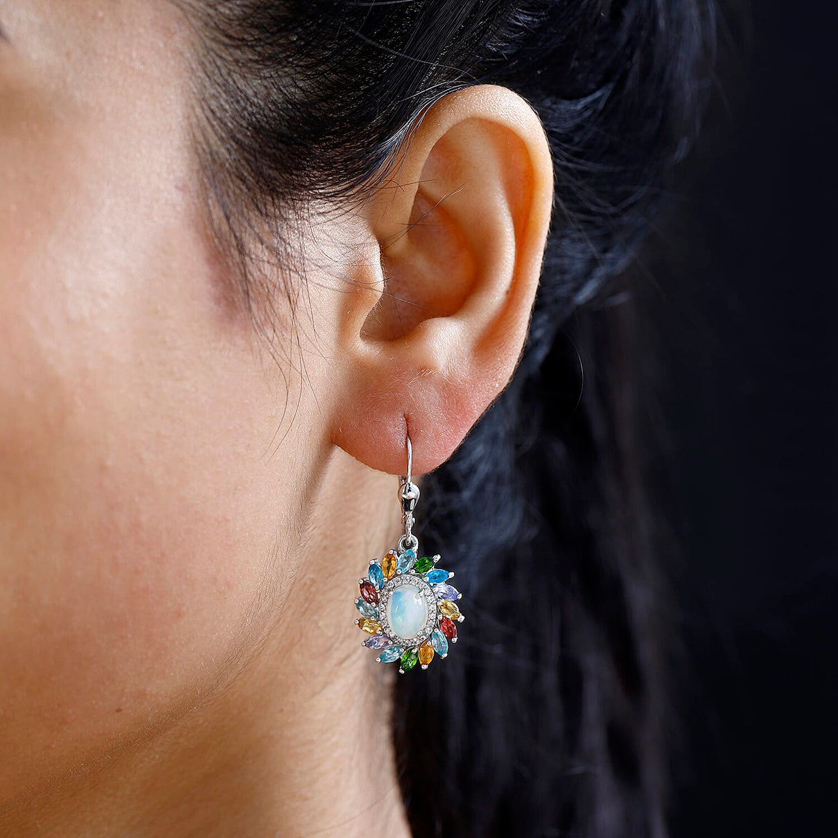 Ethiopian Opal, Multi Gemstones Halo Earrings in Platinum Overlay Sterling Silver 5.36 ct  4.662  Ct. 7761755 3