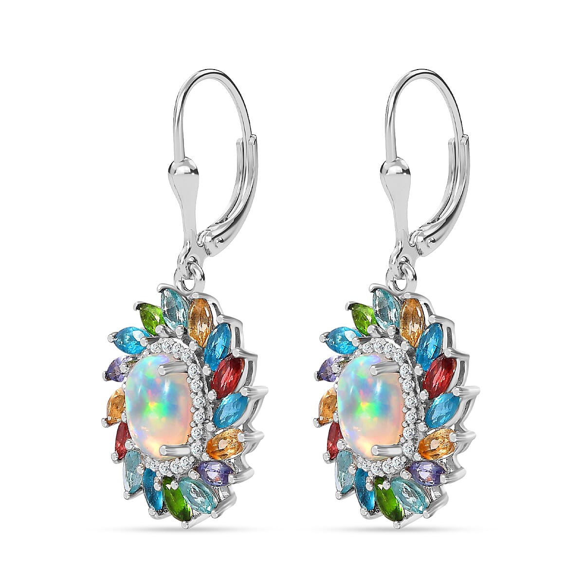 Ethiopian Opal, Multi Gemstones Halo Earrings in Platinum Overlay Sterling Silver 5.36 ct  4.662  Ct. 7761755 4